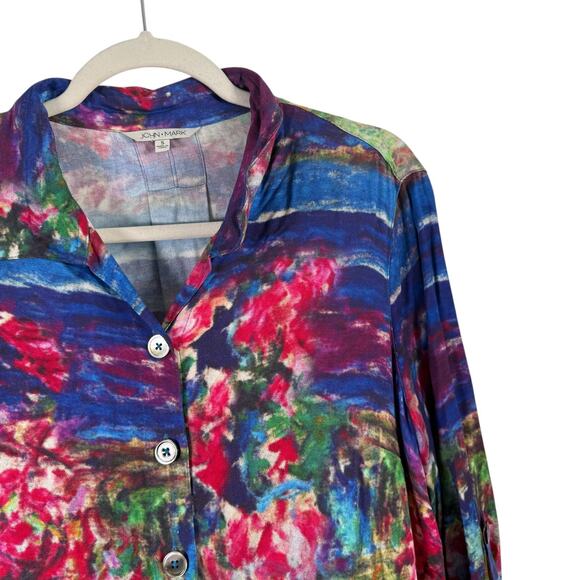 John Mark Abstract Watercolor Button Front Shirt Long Sleeve Boho Artsy Womens S - Picture 2 of 6
